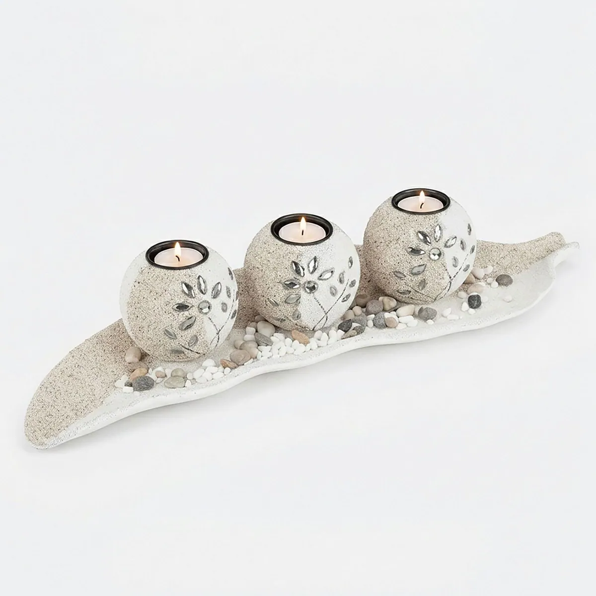 Relaxdays Teelichthalter Set Sand, 3 Teelichthalter, Dekoschale, natürliche Materialien