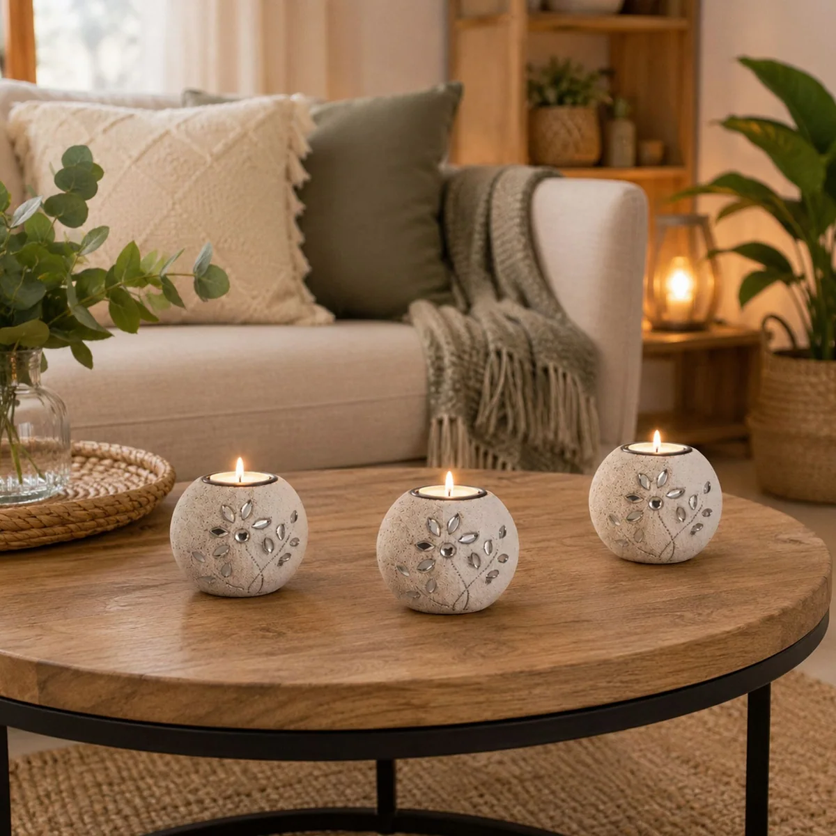 Relaxdays Teelichthalter Set Sand, 3 Teelichthalter, Dekoschale, natürliche Materialien 5