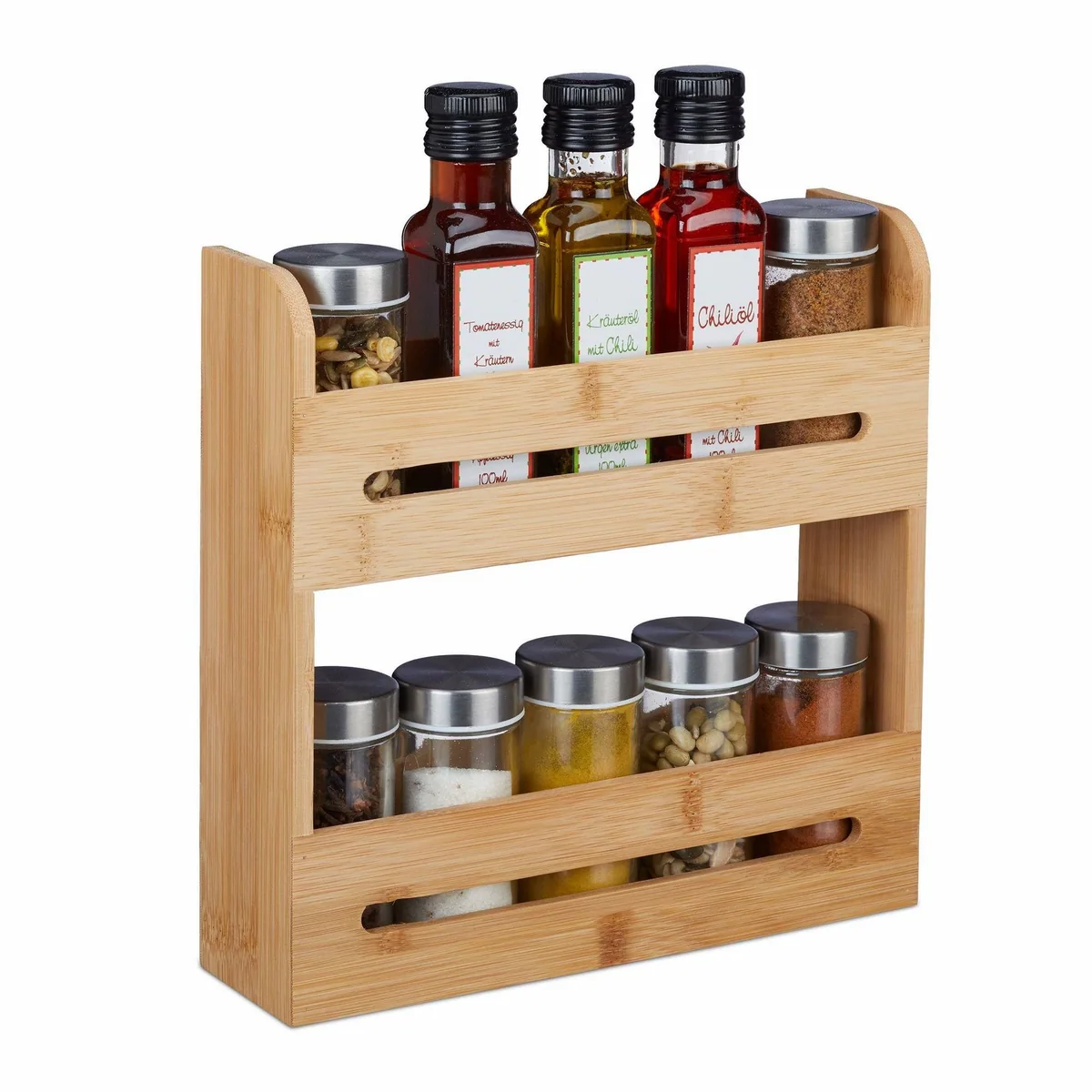 Relaxdays Gewürzregal Bambus, 2 Ebenen, platzsparend und vielseitig