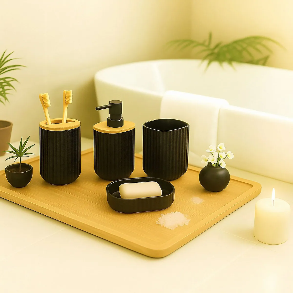 Relaxdays Badaccessoire-Set 6-teilig, pflegeleichter Kunststoff, elegantes Design 3