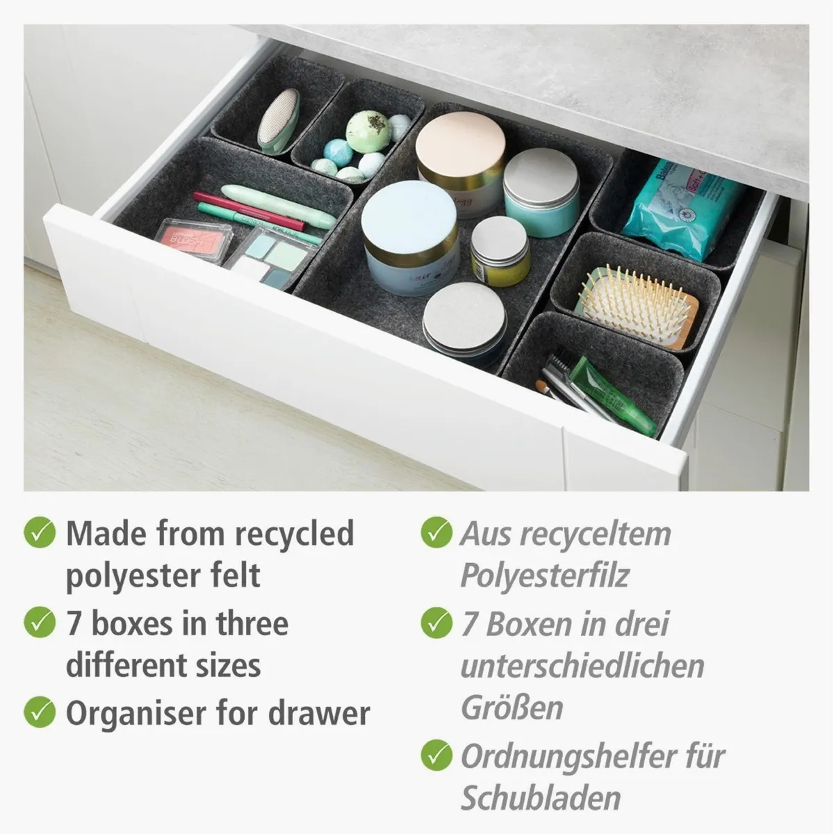 WENKO Organizer Set, 7-teilig, 3 Größen, aus recyceltem Polyesterfilz 3