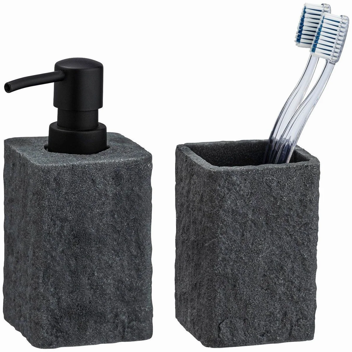 WENKO Villata Badaccessoire-Set, 2-teilig, Naturstein-Optik, hochwertiges Polyresin